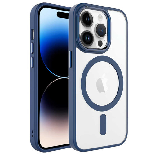 iPhone 14 Pro Uyumlu Wireless Şarj Özellikli KHYR Krom Magsafe Silikon Kılıf-Lacivert
