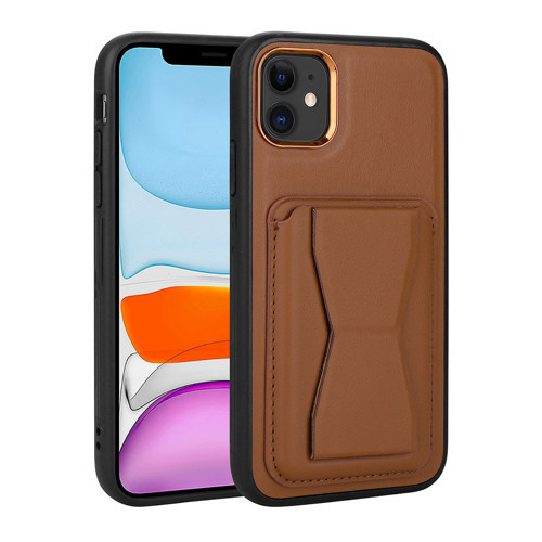 iPhone 12 Uyumlu Kartlıklı Standlı Pu Deri KHYR Memo Kılıf-Kahverengi