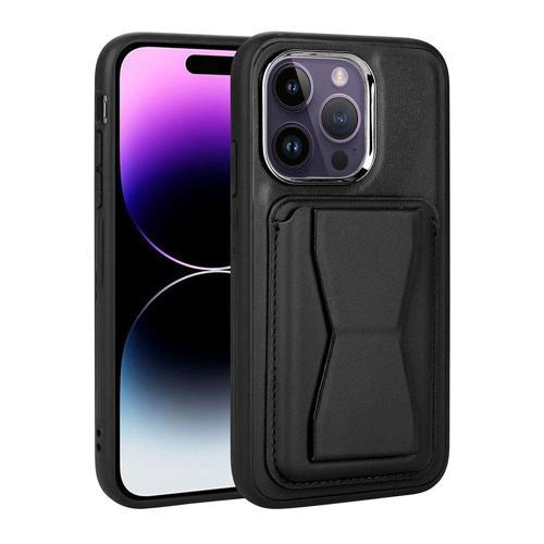 iPhone 14 Pro Uyumlu Kartlıklı Standlı ​Pu Deri KHYR Memo Kılıf-Siyah