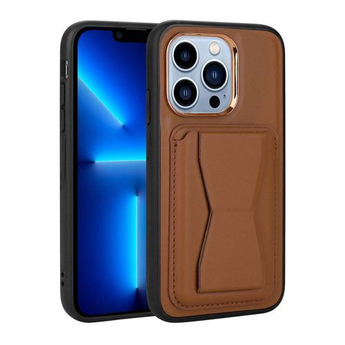 iPhone 13 Pro Uyumlu Kartlıklı Standlı Pu Deri KHYR Memo Kılıf-Kahverengi