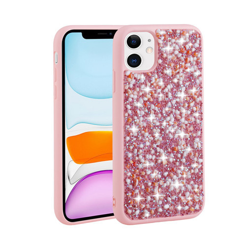 iPhone 12 Uyumlu Parlak Taşlı Tasarım KHYR Linea Kılıf-Pembe