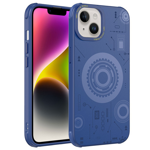 iPhone 14 Plus Uyumlu KHYR Wireless Şarj Özellikli Desenli Hot Kılıf-Lacivert