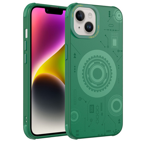 iPhone 14 Plus Uyumlu KHYR Wireless Şarj Özellikli Desenli Hot Kılıf-Koyu Yeşil