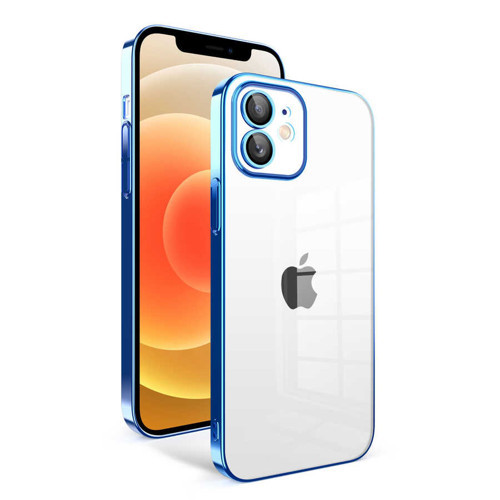 iPhone 12 Uyumlu Kamera Korumalı Renkli Çerçeveli KHYR Garaj Kılıf-Saks Mavi