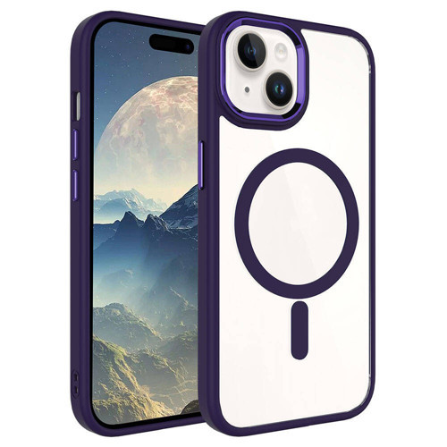 iPhone 15 Plus Uyumlu Wireless Şarj Özellikli KHYR Krom Magsafe Silikon Kılıf-Derin Mor