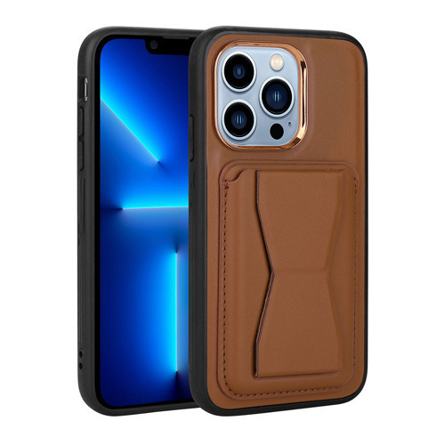 iPhone 12 Pro Max Uyumlu Kartlıklı Standlı Pu Deri KHYR Memo Kılıf-Kahverengi