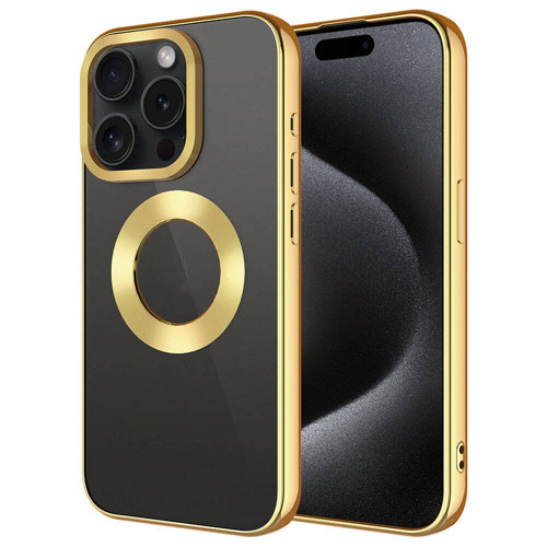 iPhone 15 Pro Uyumlu Tek Kamera Çerçeveli Logo Gösteren KHYR Omega Kılıf-Gold