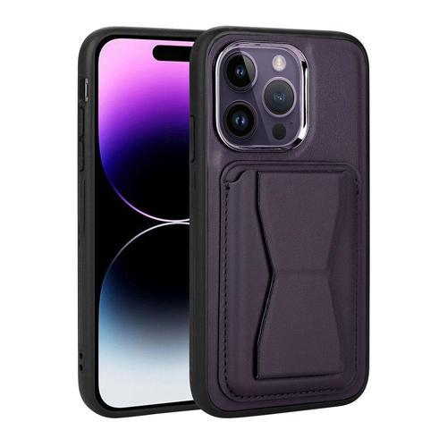 iPhone 14 Pro Uyumlu Kartlıklı Standlı ​Pu Deri KHYR Memo Kılıf-Koyu Mor