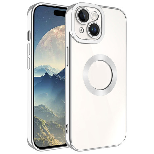 iPhone 15 Plus Uyumlu Kamera Korumalı Logo Gösteren KHYR Omega Kılıf-Gümüş