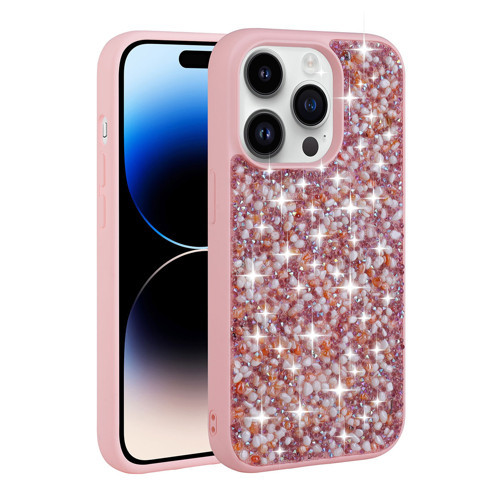iPhone 14 Pro Max Uyumlu Parlak Taşlı Tasarım KHYR Linea Kılıf-Pembe