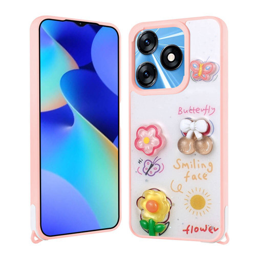 Tecno Spark 10C Kılıf Parlayan Sıvılı Simli Kabartma Figürlü KHYR Cevze Kapak-Pembe