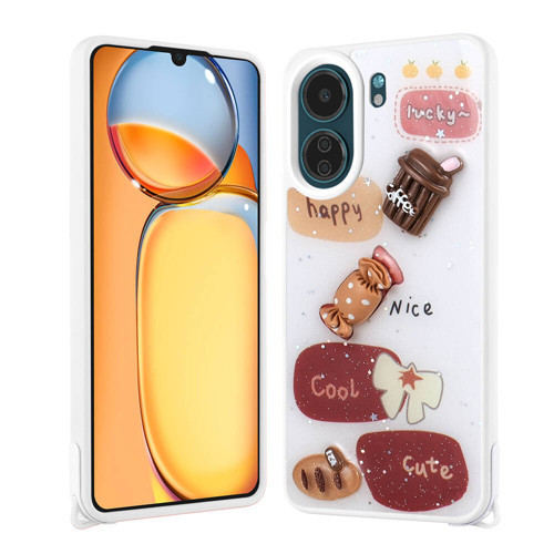 Redmi 13C Kılıf Parlayan Sıvılı Simli Kabartma Figürlü KHYR Cevze Kapak-Beyaz