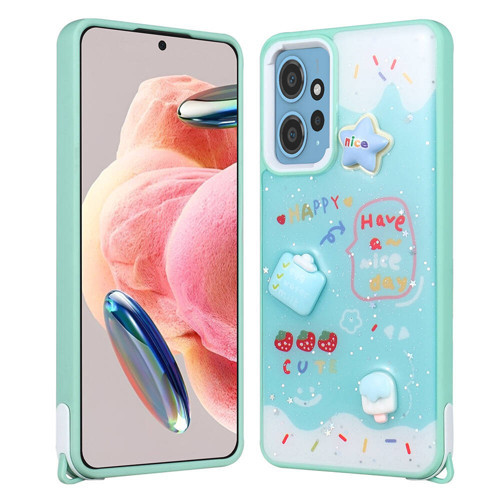 Redmi Note 12 4G Kılıf Parlayan Sıvılı Simli Kabartma Figürlü KHYR Cevze Kapak-Yeşil