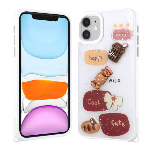 iPhone 11 Kılıf Parlayan Sıvılı Simli Kabartma Figürlü KHYR Cevze Kapak-Beyaz