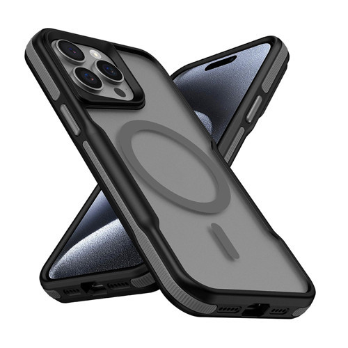 iPhone 14 Pro Max Uyumlu Magsafe Şarj Özellikli Renkli Kenar Airbag Şeritli KHYR Lamer Kapak-Gri