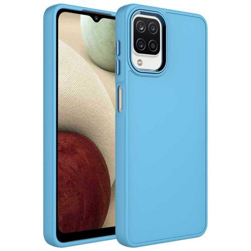 Galaxy M22 Kılıf Metal Çerçeve ve Buton Tasarımlı Silikon KHYR Luna Kapak - Sierra Mavi