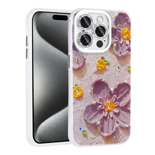 iPhone 14 Pro Max Kılıf Çiçek Desenli Parlak Taşlı Sert Silikon KHYR Garden Kapak - Mor