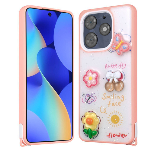 Tecno Spark 10 Pro Kılıf Parlayan Simli Kabartma Figürlü KHYR Cevze Kapak - Pembe
