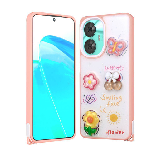 Realme C55 Kılıf Parlayan Simli Kabartma Figürlü KHYR Cevze Kapak - Pembe