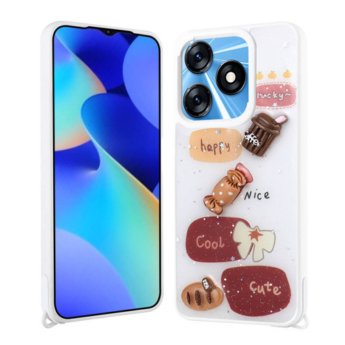 Tecno Spark 10C Kılıf Parlayan Simli Kabartma Figürlü KHYR Cevze Kapak - Beyaz