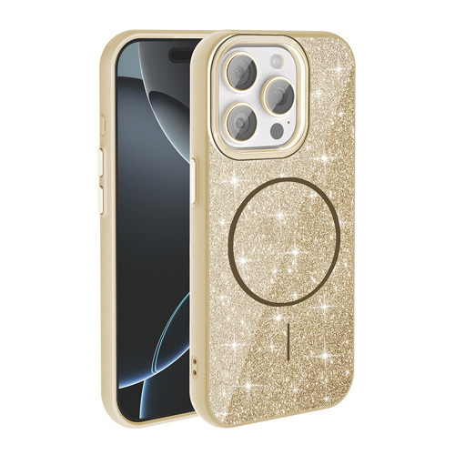 iPhone 15 Pro Max Kılıf Magsafe Şarj Özellikli Parlayan Simli KHYR Okso Kapak - Gold