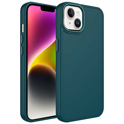 iPhone 14 Plus Uyumlu Metal Çerçeve ve Buton Tasarımlı Silikon KHYR Luna Kılıf-Koyu Yeşil