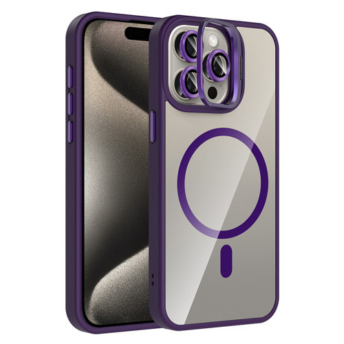 iPhone 15 Pro Kılıf Standlı ve Kamera Lens Hediyeli M-Safe Şarj Özellikli KHYR Etro Kapak - Derin Mo