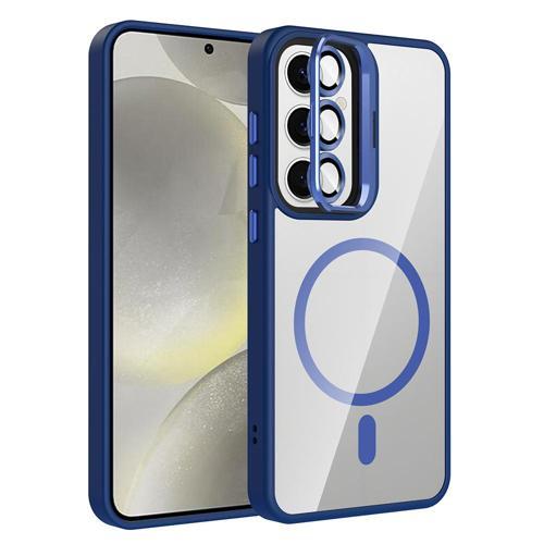 Galaxy S24 FE Kılıf Standlı ve Kamera Lens Hediyeli M-Safe Şarj Özellikli KHYR Etro Kapak - Lacivert