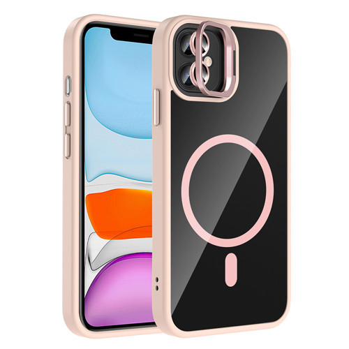 iPhone 11 Kılıf Standlı ve Kamera Lens Hediyeli M-Safe Şarj Özellikli KHYR Etro Kapak - Pembe
