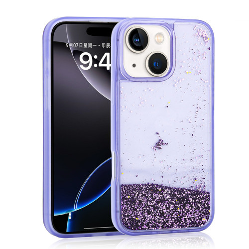iPhone 15 Kılıf Sıvılı Simli Şeffaf Arka Yüzey KHYR Keto Silikon Kapak - Mor