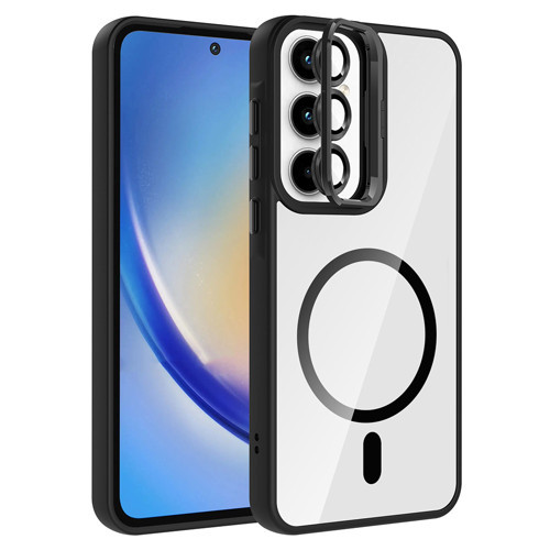 Galaxy A35 Kılıf Standlı ve Kamera Lens Hediyeli M-Safe Şarj Özellikli KHYR Etro Kapak - Siyah