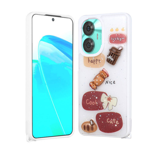 Realme C55 Kılıf Parlayan Simli Kabartma Figürlü KHYR Cevze Kapak - Beyaz