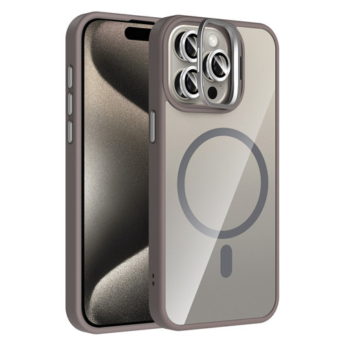 iPhone 15 Pro Kılıf Standlı ve Kamera Lens Hediyeli M-Safe Şarj Özellikli KHYR Etro Kapak - Gri