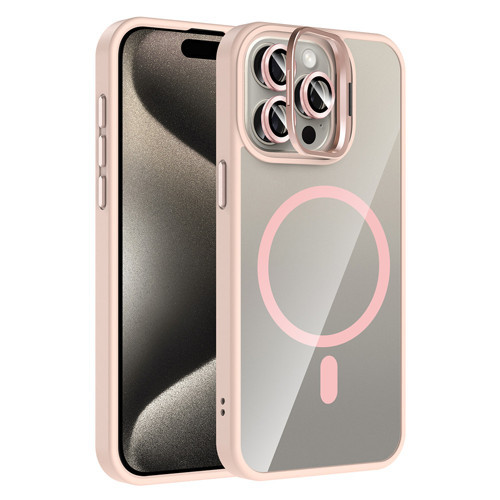 iPhone 15 Pro Kılıf Standlı ve Kamera Lens Hediyeli M-Safe Şarj Özellikli KHYR Etro Kapak - Pembe
