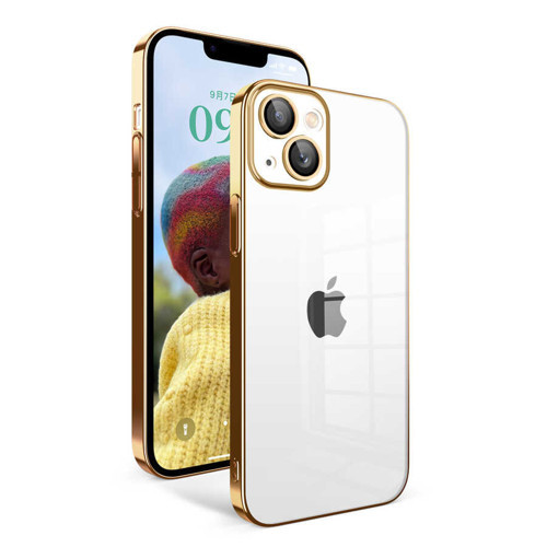 iPhone 14 Uyumlu Kamera Korumalı Renkli Çerçeveli KHYR Garaj Kılıf-Gold