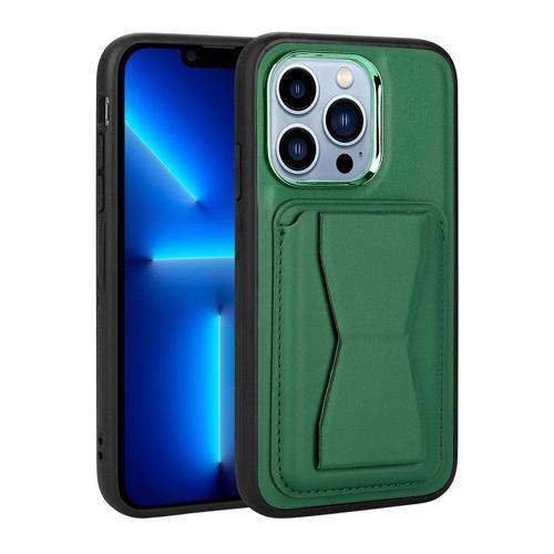 iPhone 13 Pro Uyumlu Kartlıklı Standlı Pu Deri KHYR Memo Kılıf-Koyu Yeşil