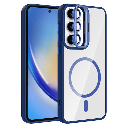 Galaxy A55 Kılıf Standlı ve Kamera Lens Hediyeli M-Safe Şarj Özellikli KHYR Etro Kapak - Lacivert