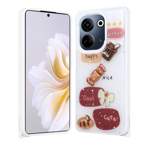 Tecno Camon 20 Kılıf Parlayan Sıvılı Simli Kabartma Figürlü KHYR Cevze Kapak-Beyaz