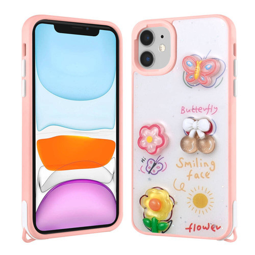 iPhone 11 Kılıf Parlayan Sıvılı Simli Kabartma Figürlü KHYR Cevze Kapak-Pembe