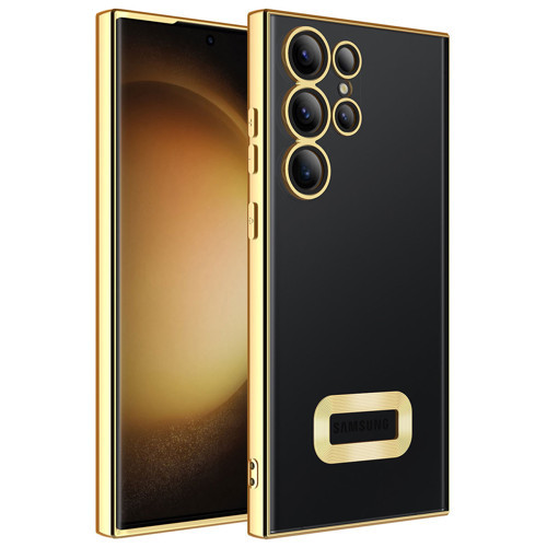 Galaxy S23 Ultra Uyumlu Kamera Korumalı Logo Gösteren KHYR Omega Kılıf-Gold