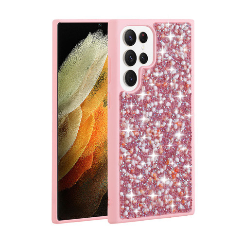 Galaxy S23 Ultra Uyumlu Parlak Taşlı Tasarım KHYR Linea Kılıf-Pembe