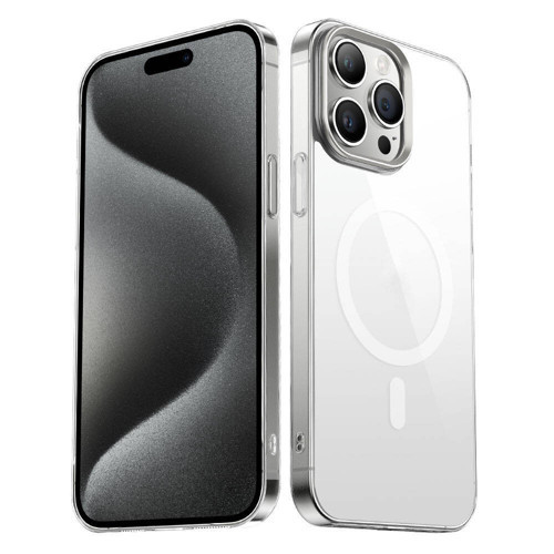 iPhone 15 Pro Uyumlu KHYR Wireless Şarj Özellikli Şeffaf G-Glass Kılıf-Gümüş