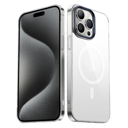 iPhone 15 Pro Uyumlu KHYR Wireless Şarj Özellikli Şeffaf G-Glass Kılıf-Lacivert