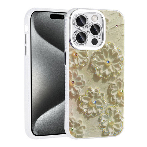 iPhone 14 Pro Max Kılıf Çiçek Desenli Parlak Taşlı Sert Silikon KHYR Garden Kapak - Beyaz
