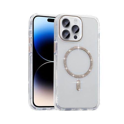 iPhone 14 Pro Max Kılıf Taşlı Tasarım M-safe Şarj Özellikli Zore Koment Silikon Kapak - Gold