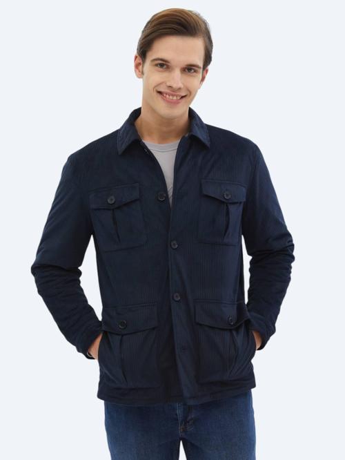 Lacivert Fitilli Regular Fit Dokuma Kadife Overshırt