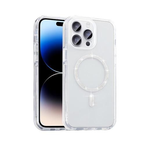 iPhone 14 Pro Max Kılıf Taşlı Tasarım M-safe Şarj Özellikli Zore Koment Silikon Kapak - Gümüş