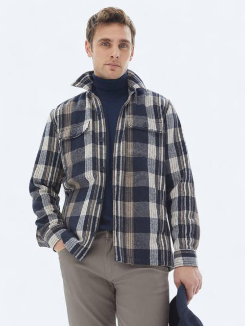 Lacivert Kareli Regular Fit Dokuma Yün Karışımlı Overshırt