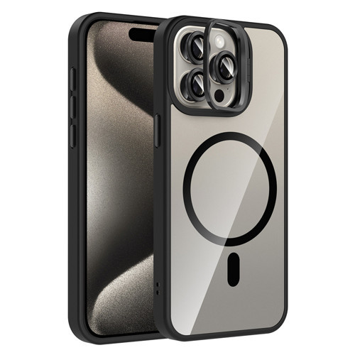 iPhone 15 Pro Kılıf Standlı ve Kamera Lens Hediyeli M-Safe Şarj Özellikli KHYR Etro Kapak - Siyah