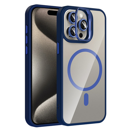 iPhone 15 Pro Kılıf Standlı ve Kamera Lens Hediyeli M-Safe Şarj Özellikli KHYR Etro Kapak - Lacivert